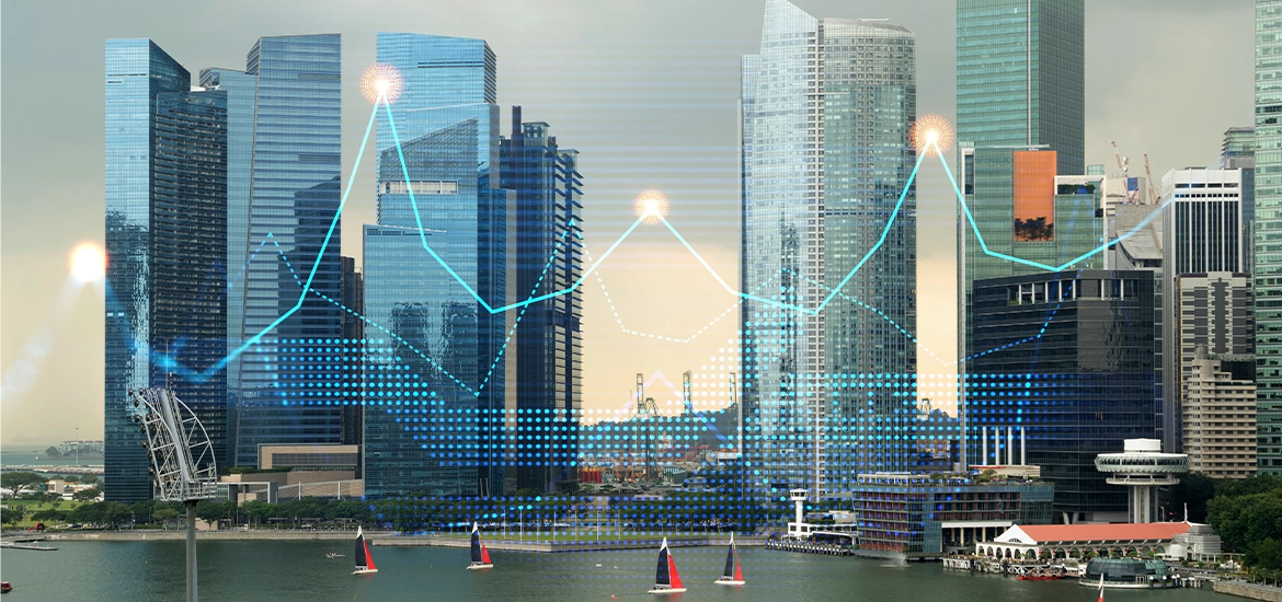 A city skyline featuring modern glass skyscrapers by the waterfront, overlaid with digital data graphics including glowing data points and fluctuating line charts, representing financial or technological growth trends. Sailboats are visible in the water, adding a dynamic element to the urban scene.