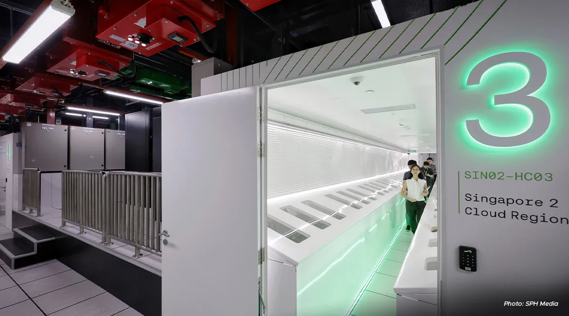 Sustainable Metal Cloud's data centre, where computers are cooled via liquid immersion, at ST Telemedia Global Data Centres' facility in Loyang.