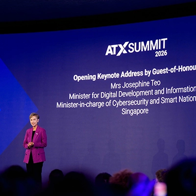 Mrs Josephine Teo delivering the opening keynote address at ATxSummit 2026.