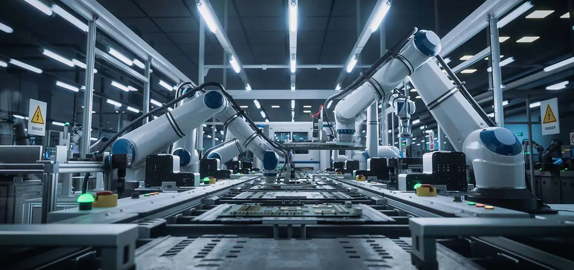 Automated robotic arms operating on a production line inside a high-tech manufacturing facility.