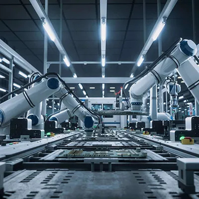 Automated robotic arms operating on a production line inside a high-tech manufacturing facility.