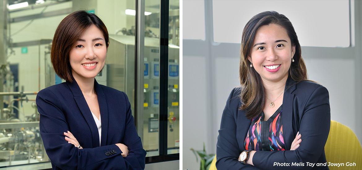 Side-by-side portraits of two business leaders in professional attire, photographed in corporate and industrial workplace settings, highlighting leadership in Singapore's advanced manufacturing and business sectors.