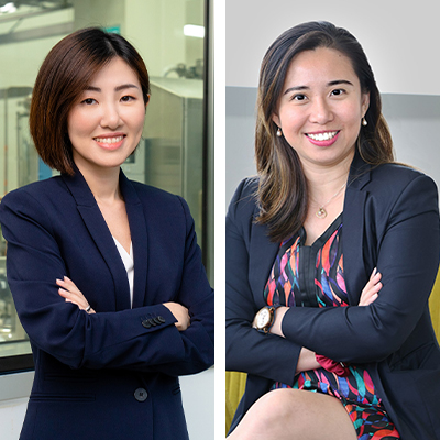 Side-by-side portraits of two business leaders in professional attire, photographed in corporate and industrial workplace settings, highlighting leadership in Singapore's advanced manufacturing and business sectors.