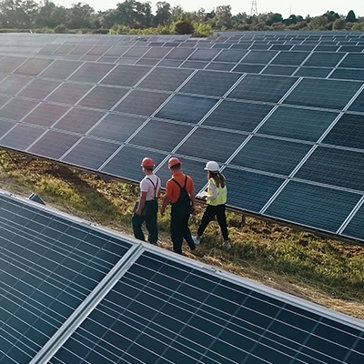Workers walking through a large solar panel farm.