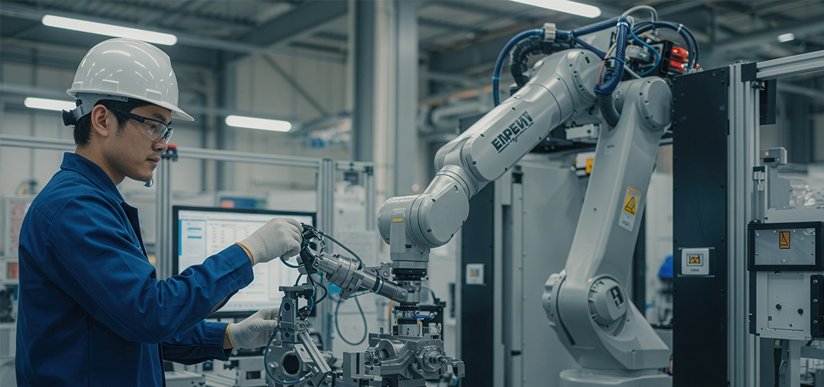 Engineer in safety gear working alongside an industrial robotic arm inside an advanced manufacturing facility.