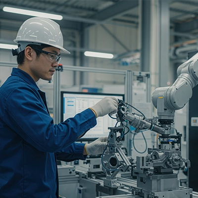 Engineer in safety gear working alongside an industrial robotic arm inside an advanced manufacturing facility.