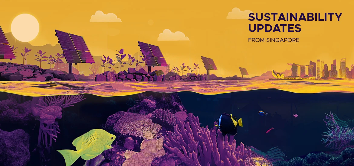 An illustrated split-view scene of Singapore's sustainability efforts, showing solar panels and plants above water, and vibrant coral reefs with tropical fish below water, under a golden-yellow sky with the city skyline in the background.