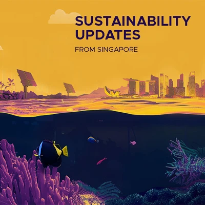 An illustrated split-view scene of Singapore's sustainability efforts, showing solar panels and plants above water, and vibrant coral reefs with tropical fish below water, under a golden-yellow sky with the city skyline in the background.