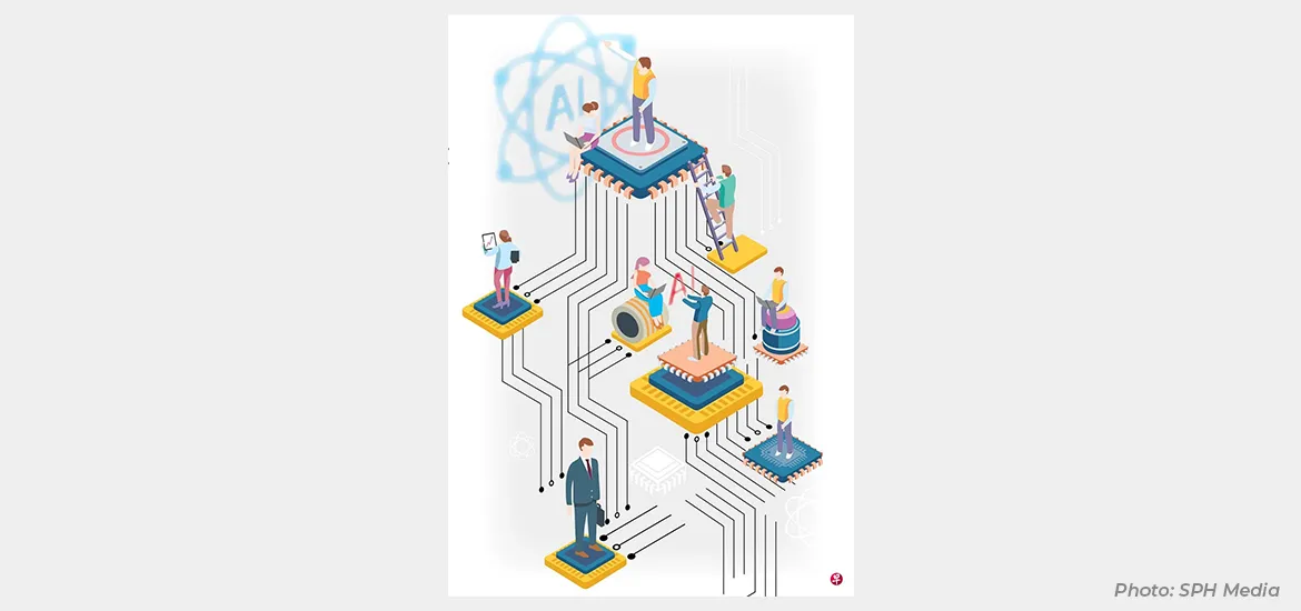 Illustration of people standing on interconnected microchips, representing AI technology and digital collaboration.