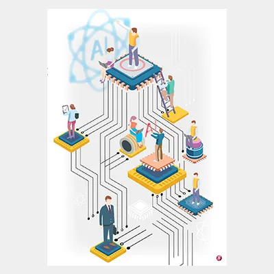 Illustration of people standing on interconnected microchips, representing AI technology and digital collaboration.