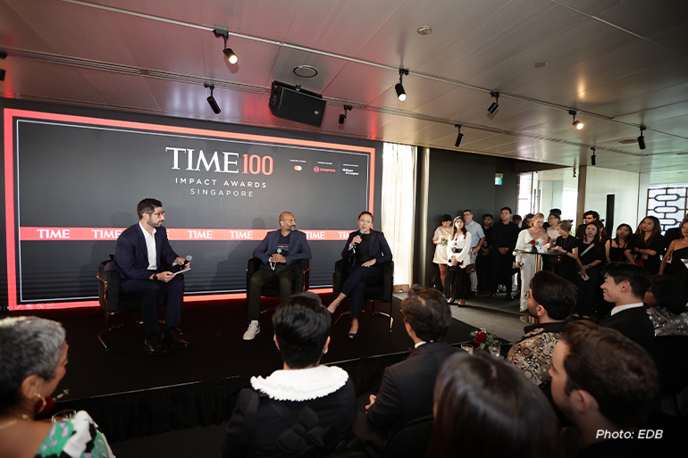 Above: Sam Jacobs, Editor in Chief, Time; Prasoon Kumar, CEO and founder, BillionBricks; Dorothea Koh, founder, Bot MD. Photo: EDB