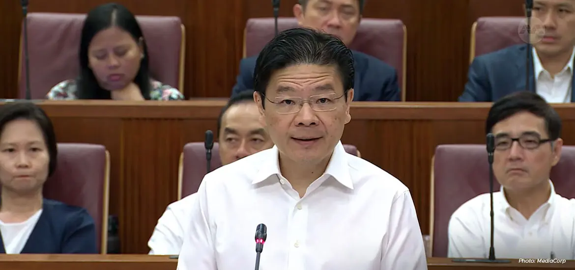 Prime Minister Lawrence Wong delivering a ministerial statement on the implications of the United States' tariffs on 8 April 2025.