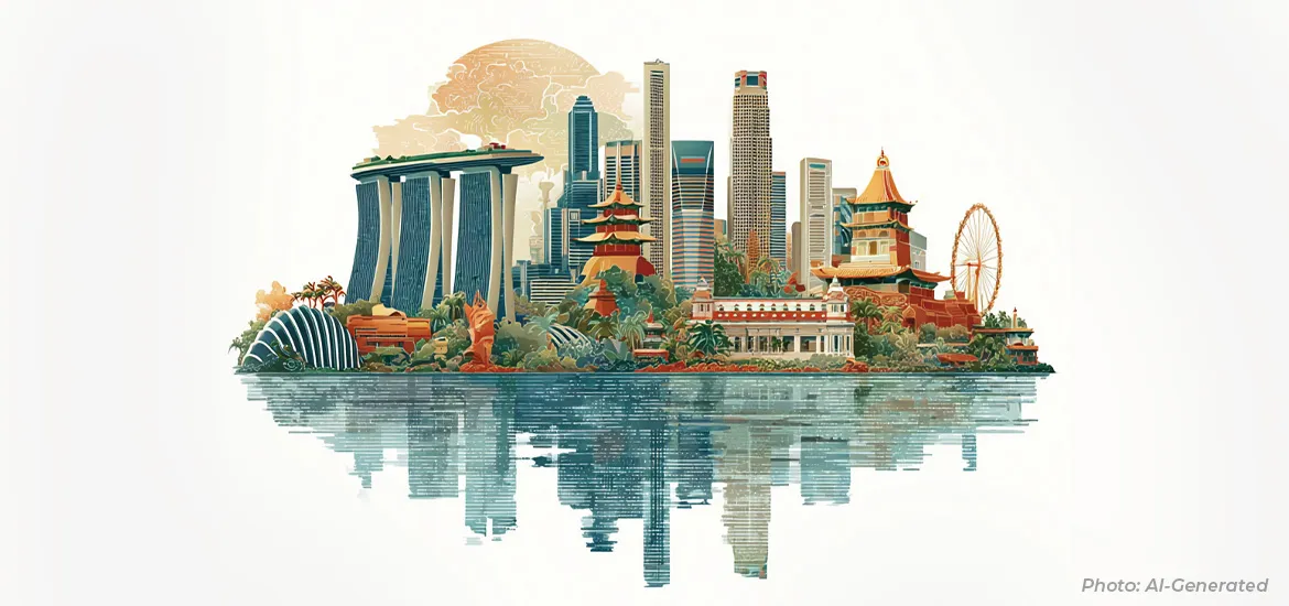 An illustrated skyline of Singapore featuring iconic landmarks like Marina Bay Sands, Gardens by the Bay, and the Singapore Flyer, reflected in water below.