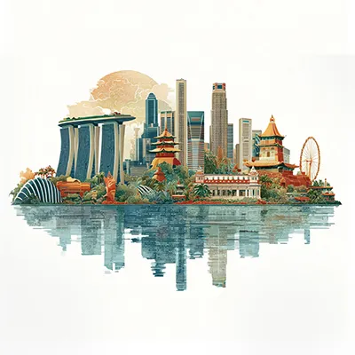 An illustrated skyline of Singapore featuring iconic landmarks like Marina Bay Sands, Gardens by the Bay, and the Singapore Flyer, reflected in water below.