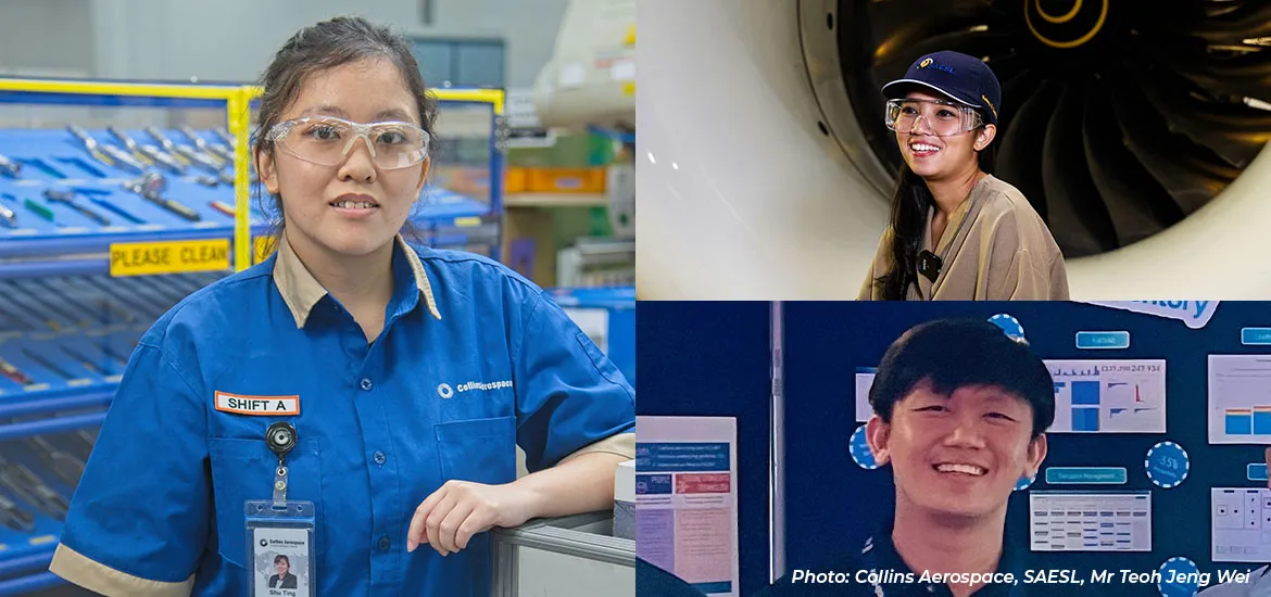Collage of three professionals in industrial and technology roles wearing safety gear and smiling at work.