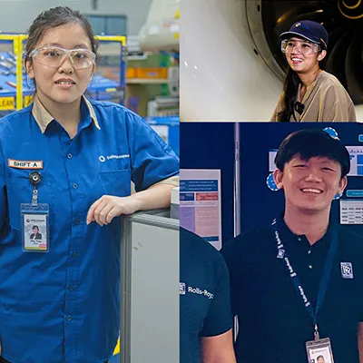 Collage of three professionals in industrial and tech settings, smiling at work.