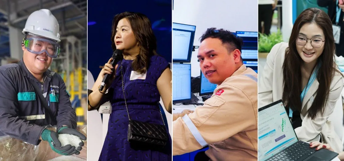 Four-person collage showing a factory worker in safety gear, a woman speaking on stage, a technician at computer monitors, and a professional presenting information on a laptop.