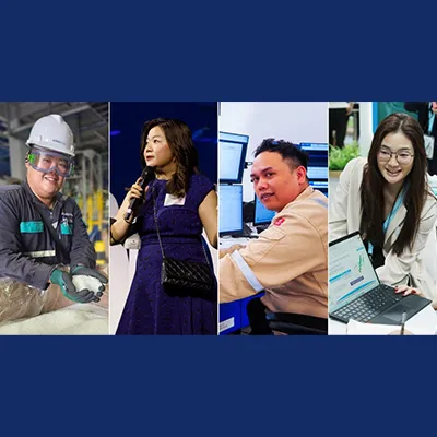 Four-person collage showing a factory worker in safety gear, a woman speaking on stage, a technician at computer monitors, and a professional presenting information on a laptop.