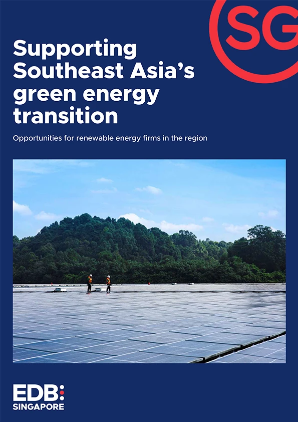 EDB Singapore report on green energy opportunities in Southeast Asia, featuring solar panels and lush landscapes.