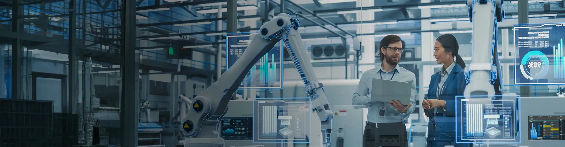 Advanced manufacturing facility with digital twin technology, IoT integration, and real-time monitoring, showcasing futuristic smart factory operations.