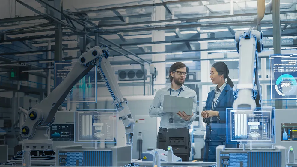 Advanced manufacturing facility with digital twin technology, IoT integration, and real-time monitoring, showcasing futuristic smart factory operations.