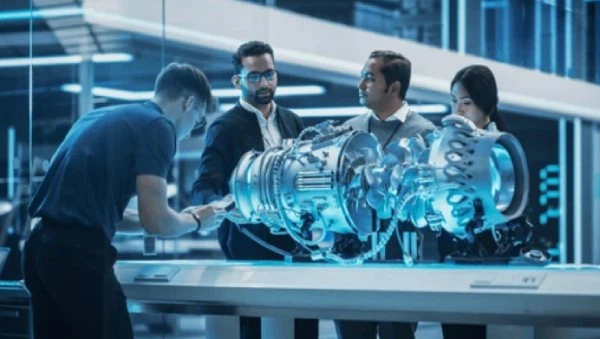 Engineers collaborating around a high-tech engine model, symbolizing innovation in product and process development.