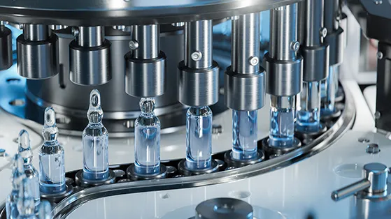 Pharmaceutical manufacturing line with automated machinery filling glass vials, representing precision, scalability, and innovation in drug production and biotechnology.