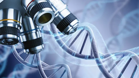 Microscope lenses focused on a digital representation of DNA strands, symbolizing breakthroughs in genetics, biotechnology research, and R&D innovation partnerships.