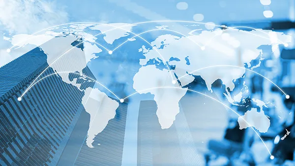 World map with connected lines, symbolizing global trade connectivity.