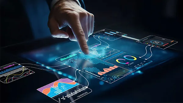 Hand interacting with a futuristic digital data dashboard displaying charts and analytics.