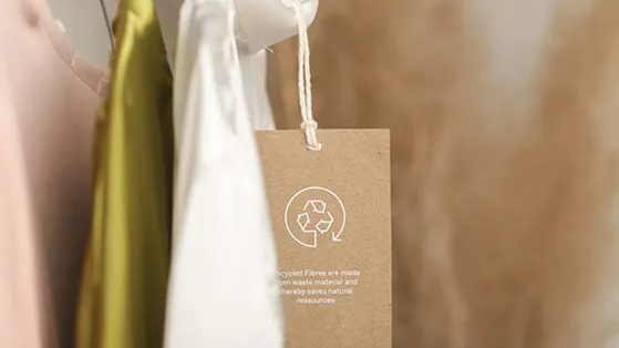 Clothing with recycled tag label, representing sustainable consumer products.