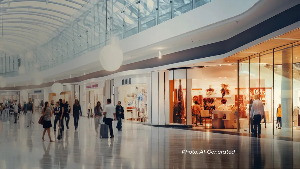 Shoppers walking through a bright, modern indoor mall lined with glass-fronted retail stores.