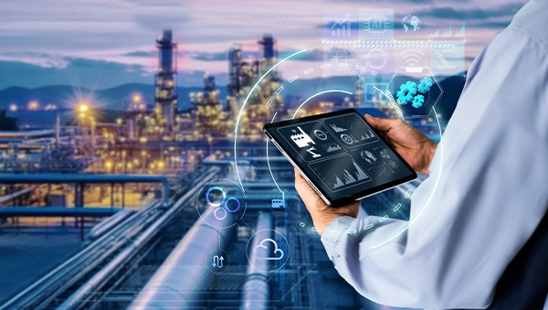 Engineer using tablet with digital interface in a factory, representing AI and advanced manufacturing.