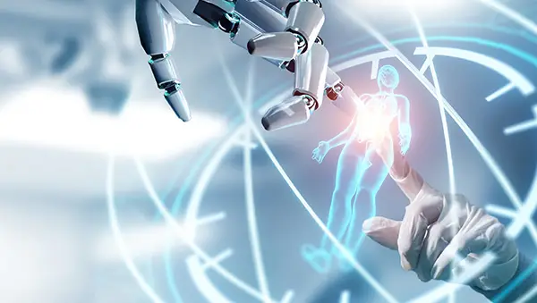 Robot and human hands interacting with a digital human hologram.