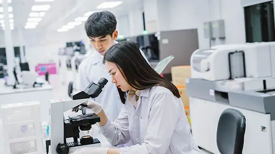 Two scientists in lab coats work together in a modern laboratory—one woman examining samples through a microscope while a male colleague observes—highlighting opportunities for research and collaboration with local partners.