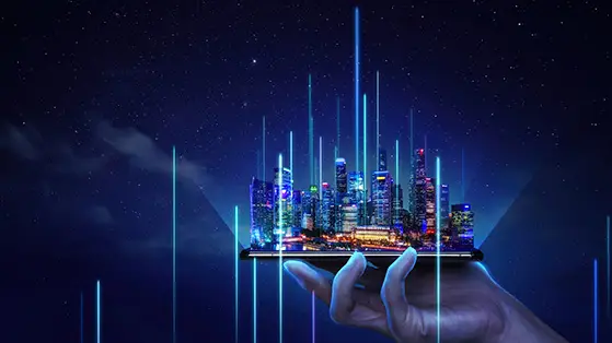 Hand holding a smartphone projecting a digital cityscape with neon light beams, symbolizing AI-driven innovation and smart city technology.