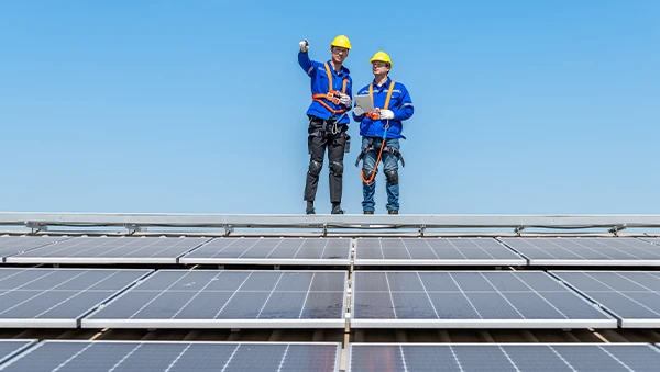 Two workers in safety gear stand on solar panels under a clear blue sky, highlighting industry-led training in renewable energy technologies.