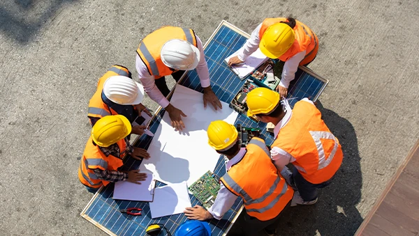 Aerial view of workers in safety vests and helmets gathered around a blueprint and electronic components on a solar panel, representing hands-on technical education in clean energy systems.