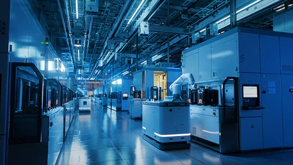 High-tech semiconductor manufacturing facility with robotic arms and advanced machinery, symbolizing automation and industrial innovation.