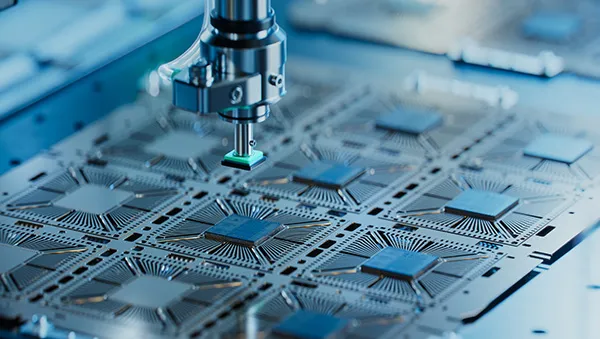 Precision machinery placing microchips on a circuit board, representing advanced semiconductor R&D capabilities.