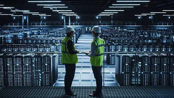 Two engineers in safety gear discussing operations inside a large, high-tech data center or research facility, symbolizing innovation and advanced research.
