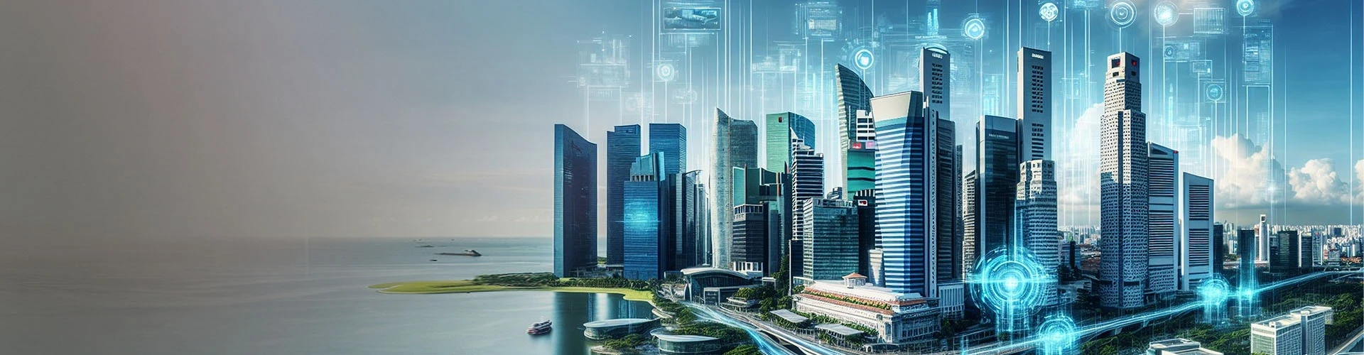 Futuristic city skyline enhanced with digital interface elements, representing a smart, tech-driven urban environment.