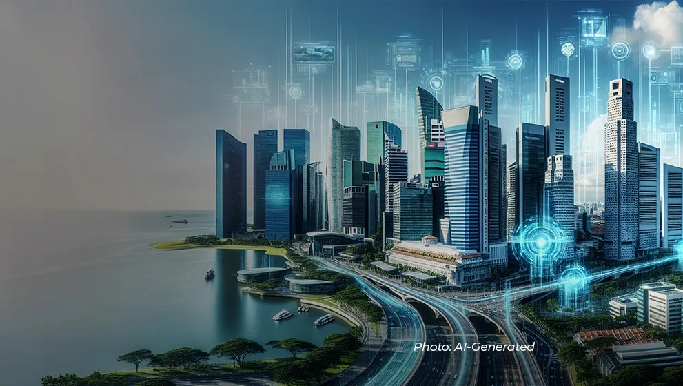 Futuristic city skyline enhanced with digital interface elements, representing a smart, tech-driven urban environment.