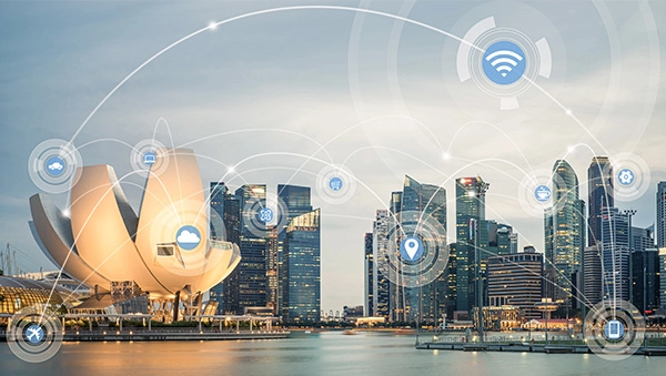 Smart cityscape of Singapore with digital connectivity icons overlay, symbolizing a thriving innovation-driven startup ecosystem.