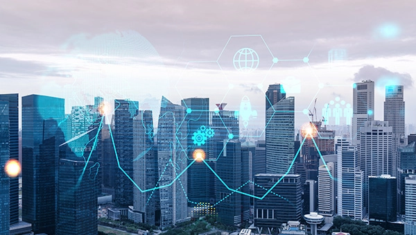 Singapore city skyline with overlaid digital icons and graphs, representing its role as a gateway to emerging markets and a hub for innovation, trade, and economic growth in the region.