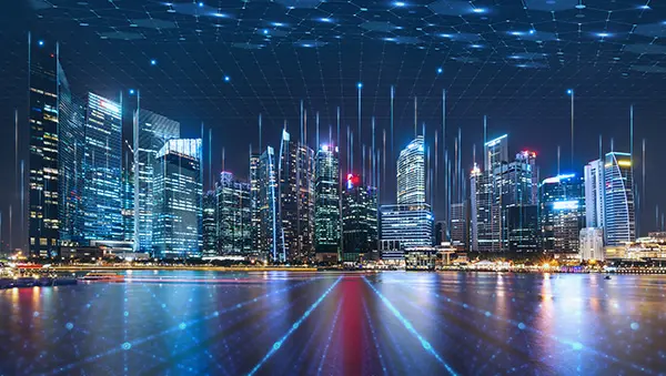 Digital map showing global trade and connectivity routes centered on Singapore, with illuminated paths linking major international cities, symbolizing Singapore's strategic role in regional and global networks.