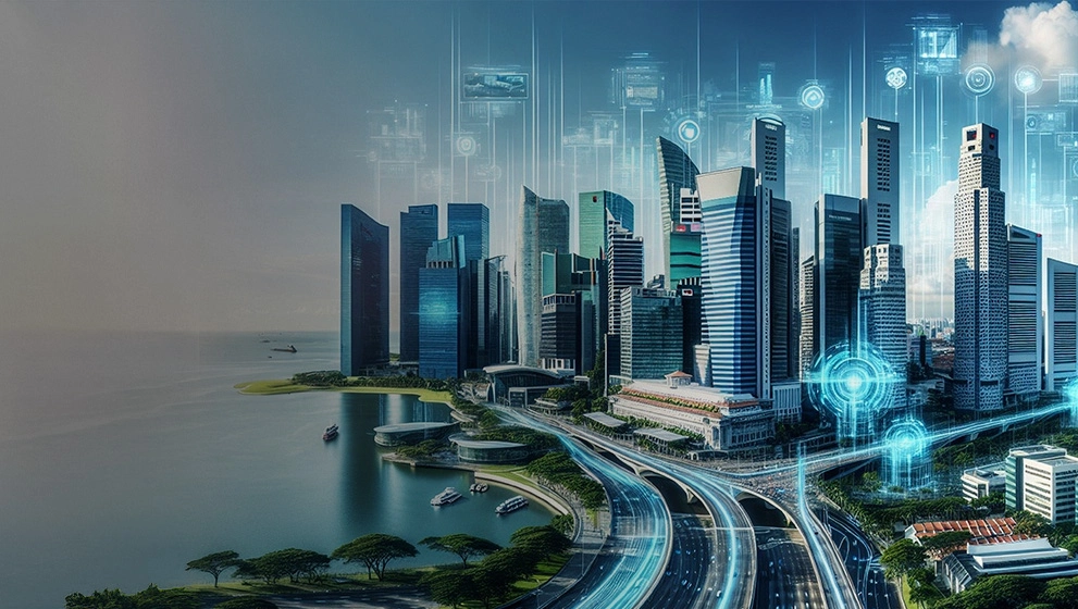 Futuristic city skyline enhanced with digital interface elements, representing a smart, tech-driven urban environment.