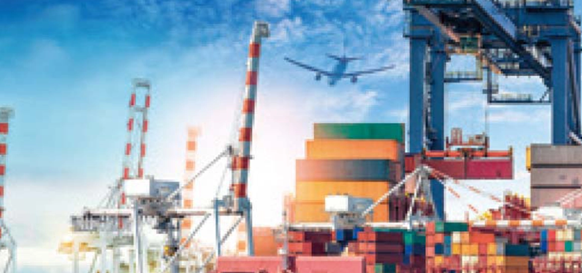 A vibrant shipping port scene featuring stacked multicolored cargo containers, tall cranes with red-and-white stripes, and a large cargo plane flying overhead against a bright blue sky. The setting highlights global logistics and international trade.