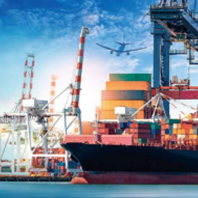 A vibrant shipping port scene featuring stacked multicolored cargo containers, tall cranes with red-and-white stripes, and a large cargo plane flying overhead against a bright blue sky. The setting highlights global logistics and international trade.