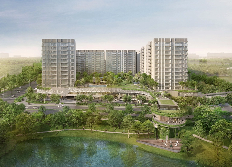 A modern residential complex with multiple mid-rise apartment buildings surrounded by lush greenery. A tree-lined road and landscaped park with a circular pavilion and jogging path border a serene lake in the foreground, creating a harmonious urban living environment.